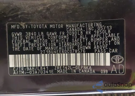 2013 Toyota Corolla Le Special Edition z USA, uszkodzony, nr VIN 2T1BU4EE6DC078576